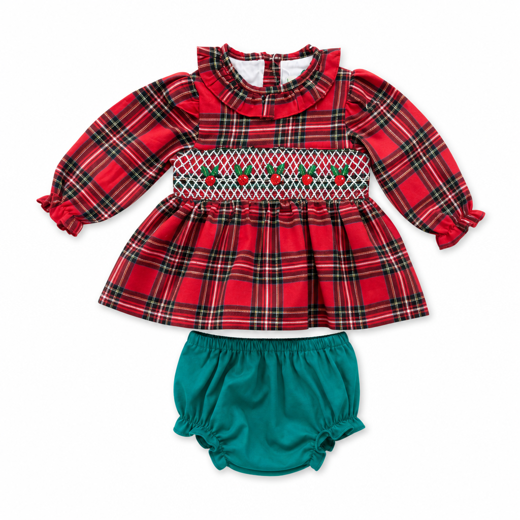 Christmas Holly Berry Smocked Girl Bubble