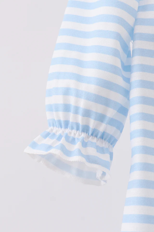 BLUE STRIPE REINDEER APPLIQUE RUFFLE ROMPER-Girls