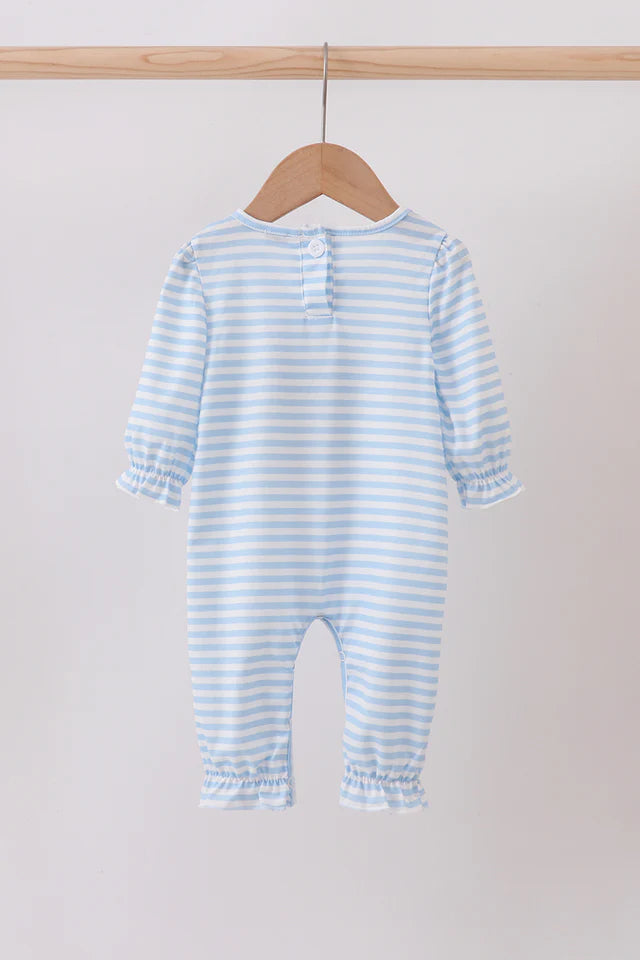 BLUE STRIPE REINDEER APPLIQUE RUFFLE ROMPER-Girls