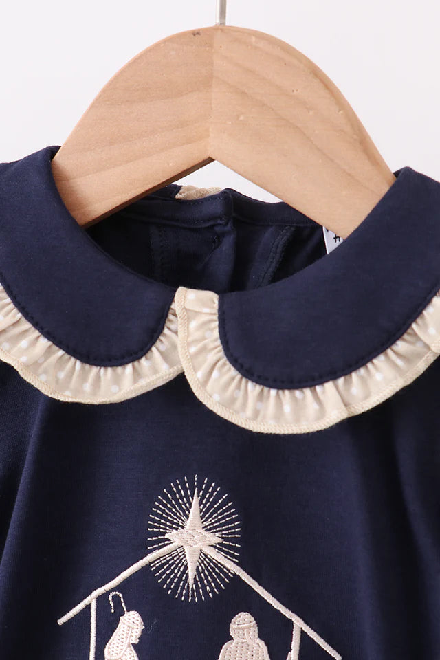 Navy nativity embroidery girl bubble