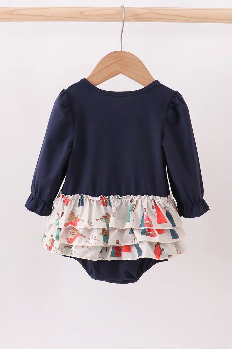 NAVY NATIVITY FRENCH KNOT RUFFLE BUBBLE
