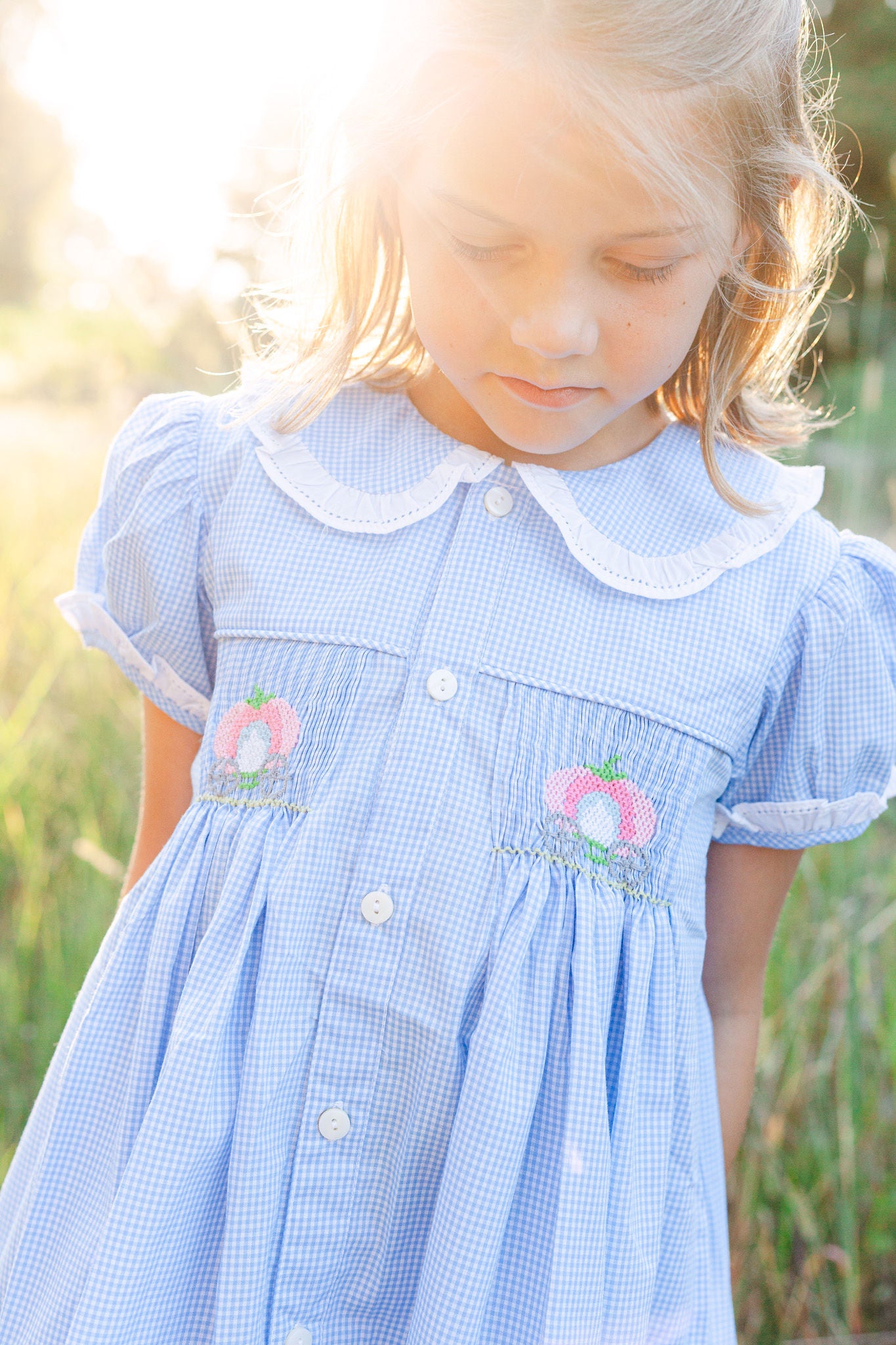 Blue Gingham Smocked  Dress-Pumpkins