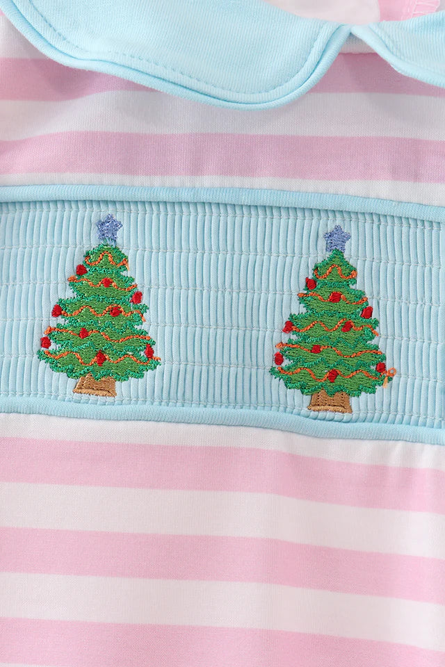 PINK CHRISTMAS TREE SMOCKED STRIPE RUFFLE ROMPER