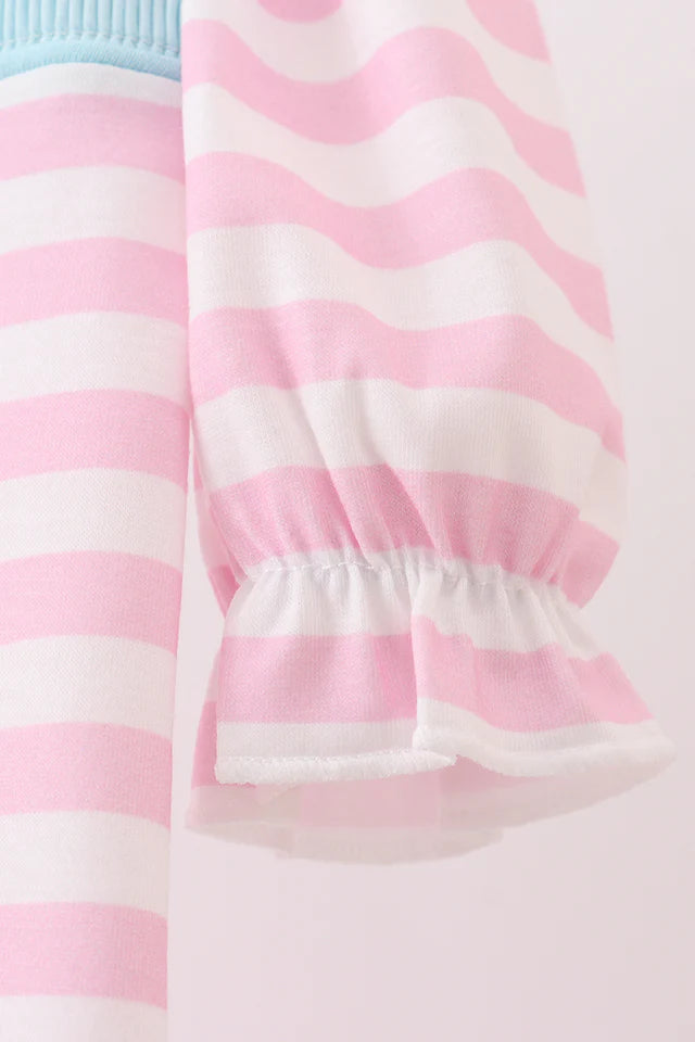 PINK CHRISTMAS TREE SMOCKED STRIPE RUFFLE ROMPER