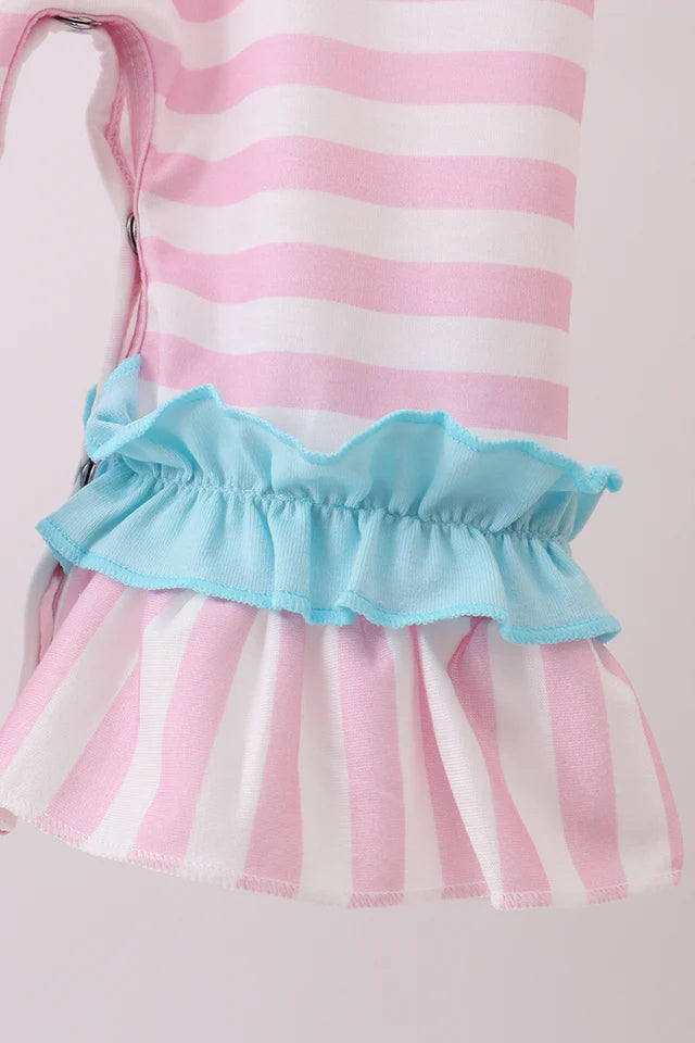 PINK CHRISTMAS TREE SMOCKED STRIPE RUFFLE ROMPER