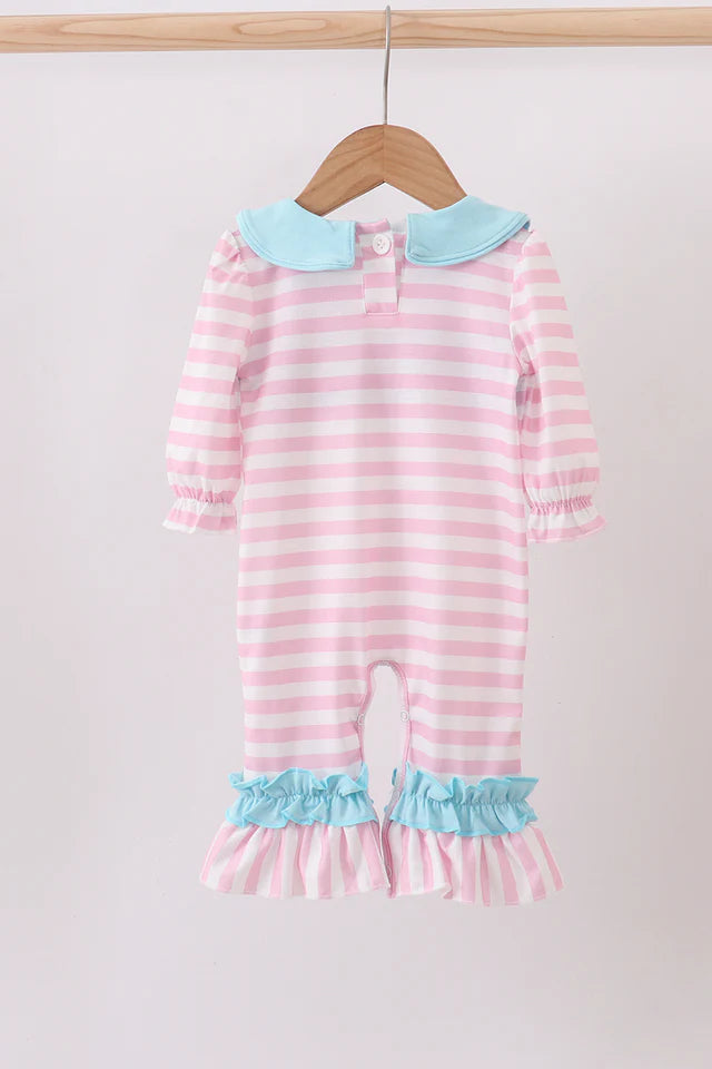 PINK CHRISTMAS TREE SMOCKED STRIPE RUFFLE ROMPER