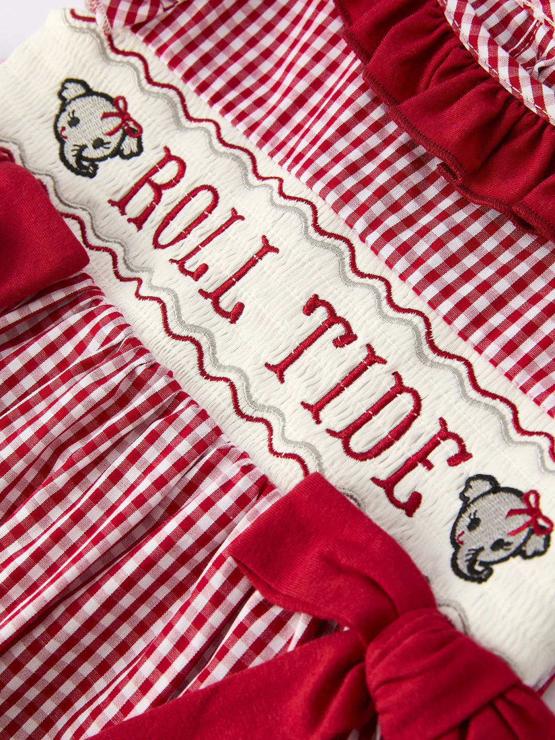 Roll Tide Machine Embroidery Gingham Girl Dress with Red Bow