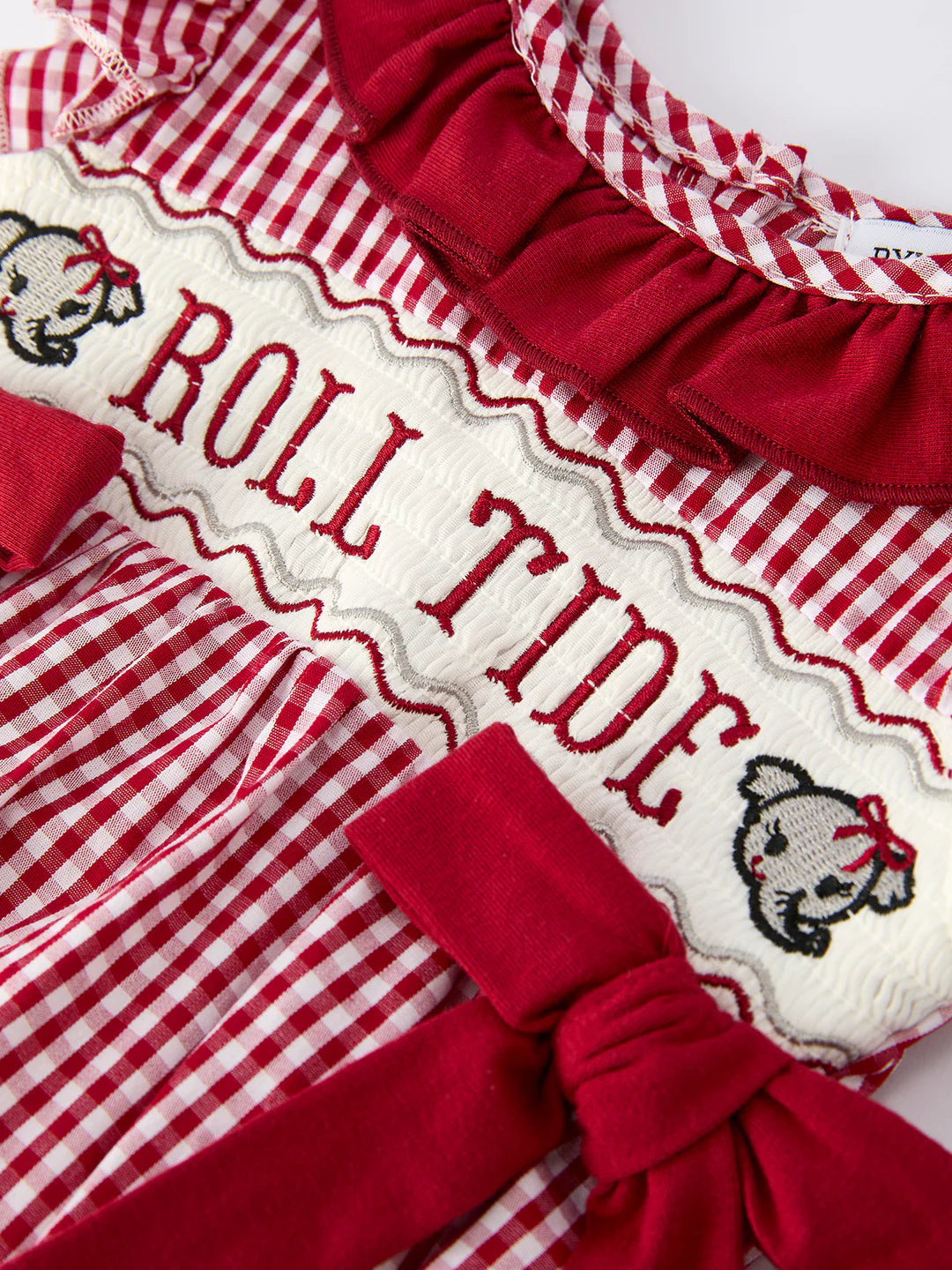 Roll Tide Machine Embroidery Gingham Baby Girl Romper with Red Bow