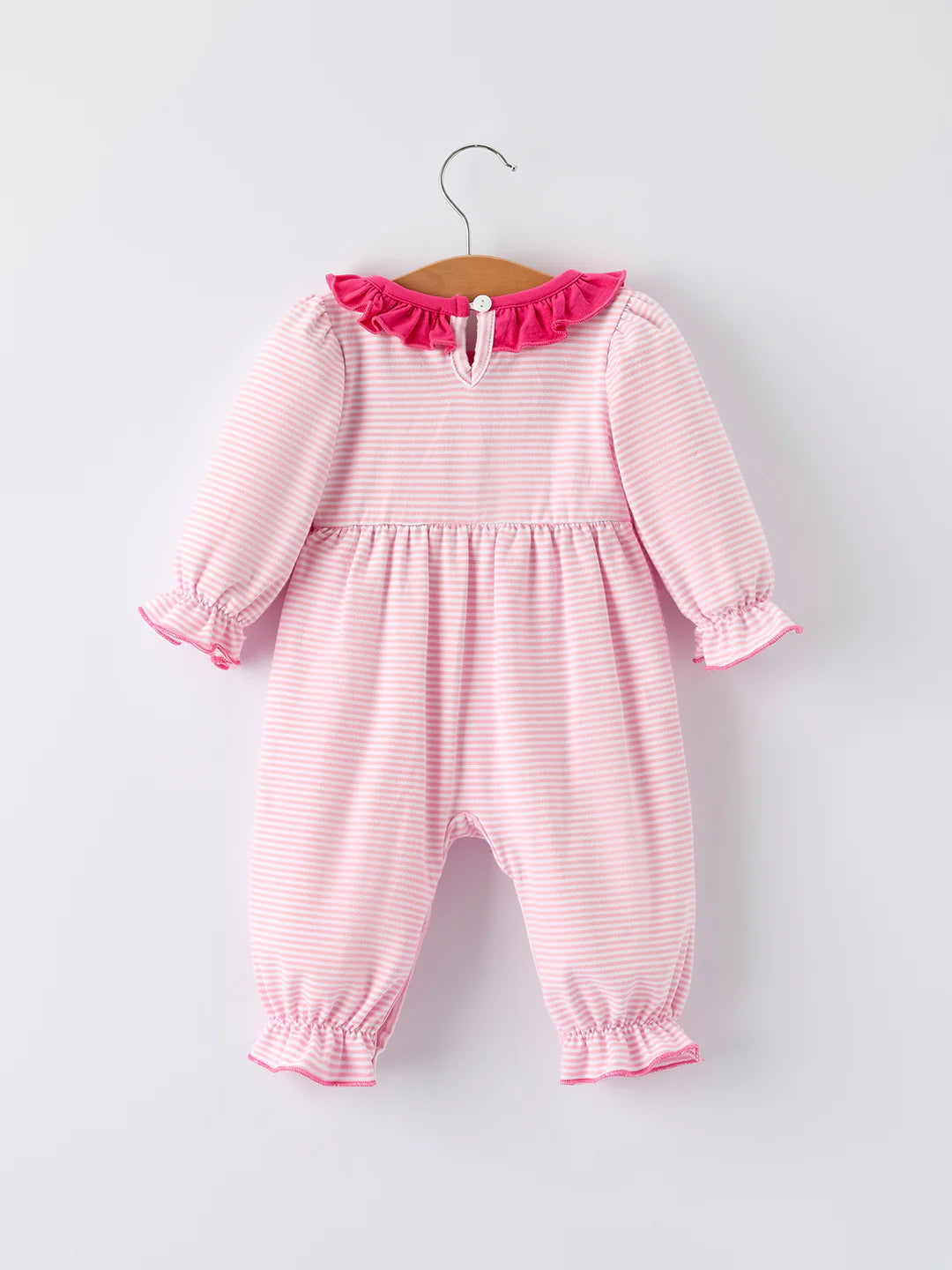 Christmas Santa Applique Pink Striped Baby Girls Romper with Red Ruffle Trim