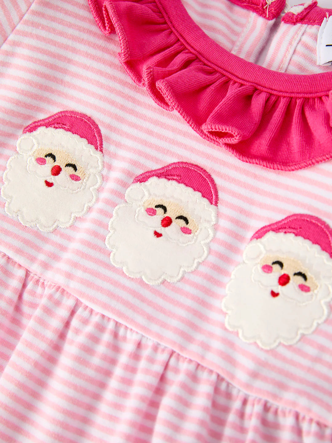 Christmas Santa Applique Pink Striped Baby Girls Romper with Red Ruffle Trim