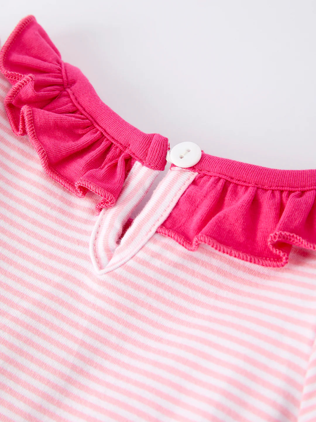 Christmas Santa Applique Pink Striped Baby Girls Romper with Red Ruffle Trim