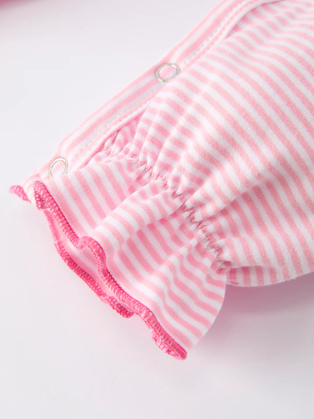 Christmas Santa Applique Pink Striped Baby Girls Romper with Red Ruffle Trim