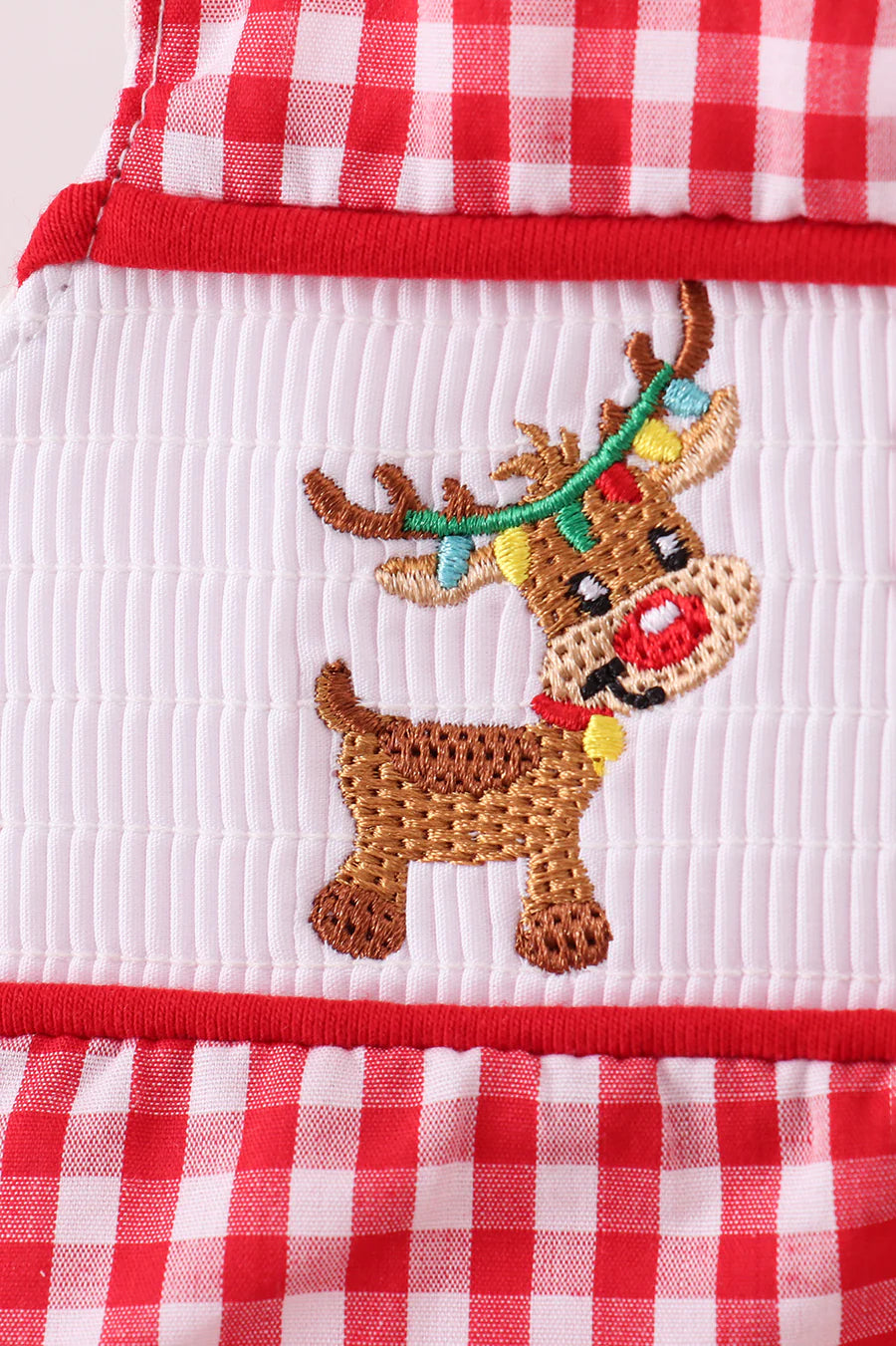 RED WOVEN CHRISTMAS TREE REINDEER SMOCKED JONJON