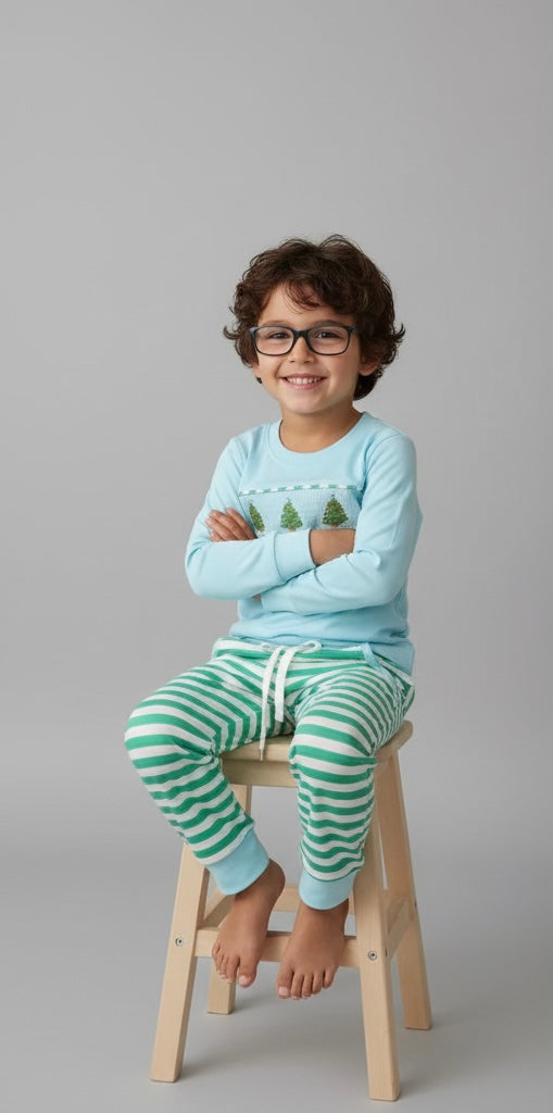 BLUE CHRISTMAS TREE SMOCKED STRIPE PANTS SET