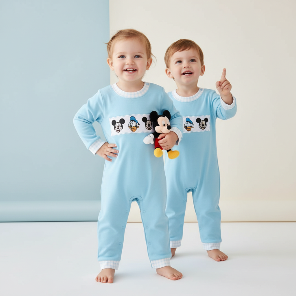 BLUE CHARACTER EMBROIDERY ROMPER