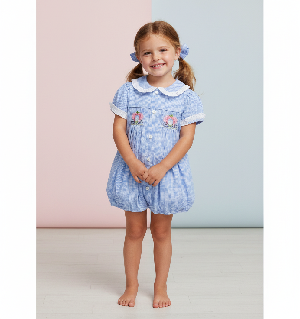 Blue Gingham Smocked  Bubble -Pumpkins