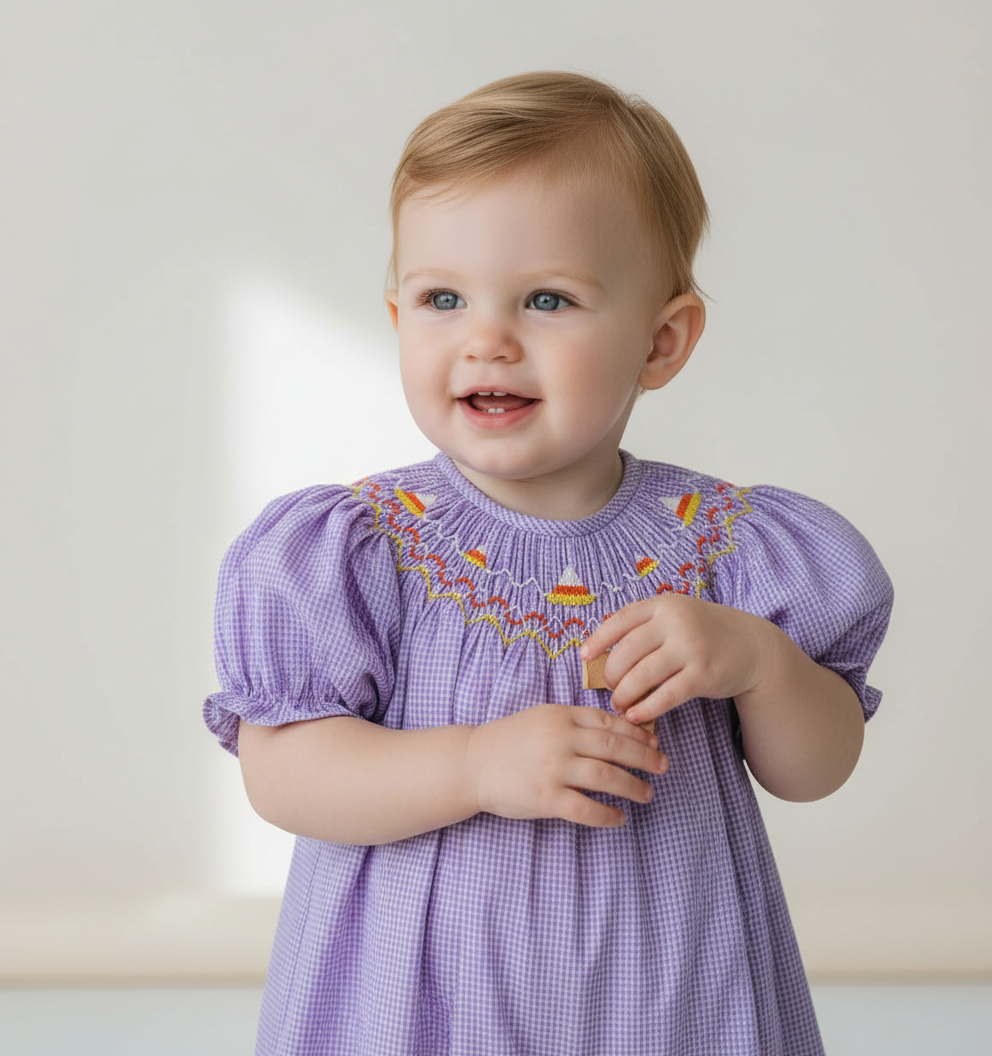 Purple Smocked Candy Corn Bubble