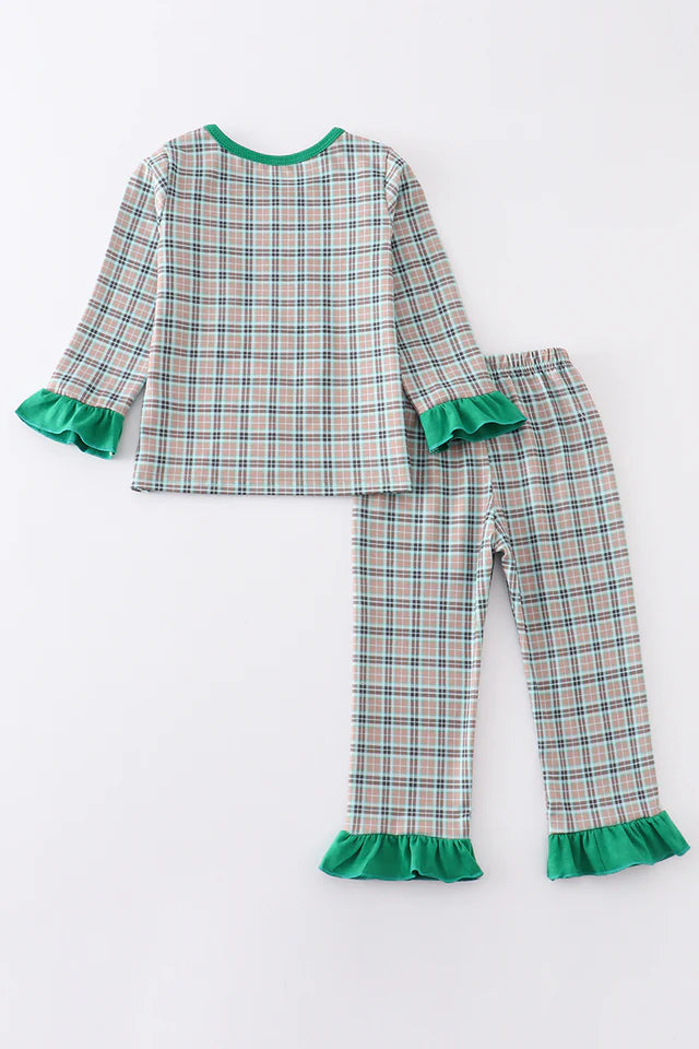 Green plaid christmas deer embroidery girl pajamas set