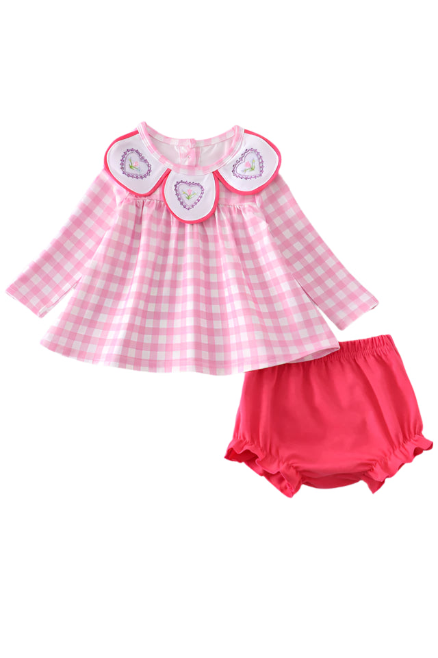 PINK HEART PLAID EMBROIDERY BABY SET