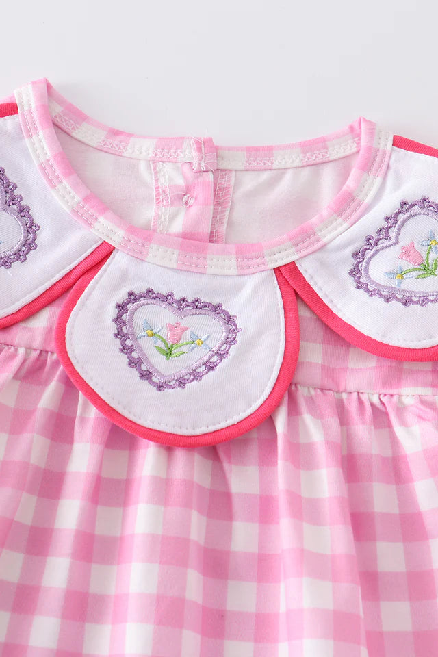 Pink Valentines Day Plaid Embroidered Romper