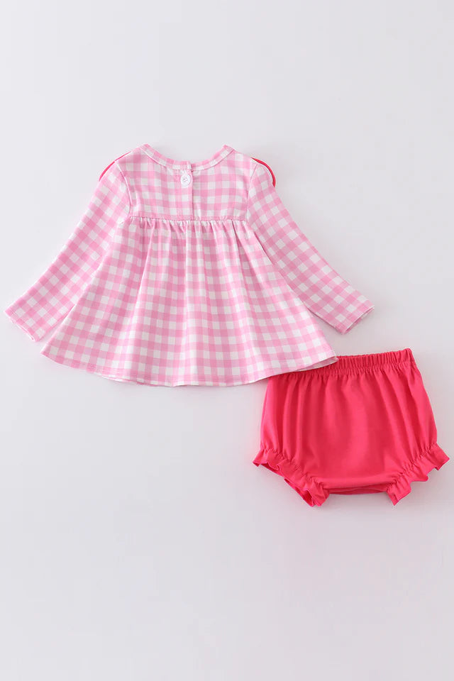 PINK HEART PLAID EMBROIDERY BABY SET