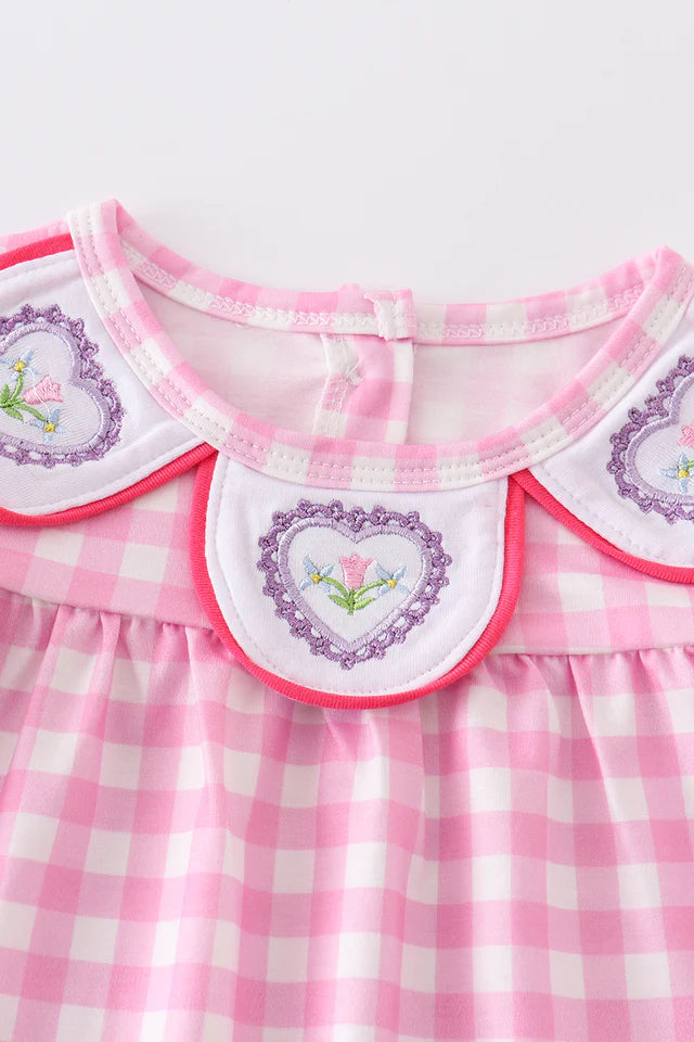 Pink Valentines Day Plaid Embroidered Romper