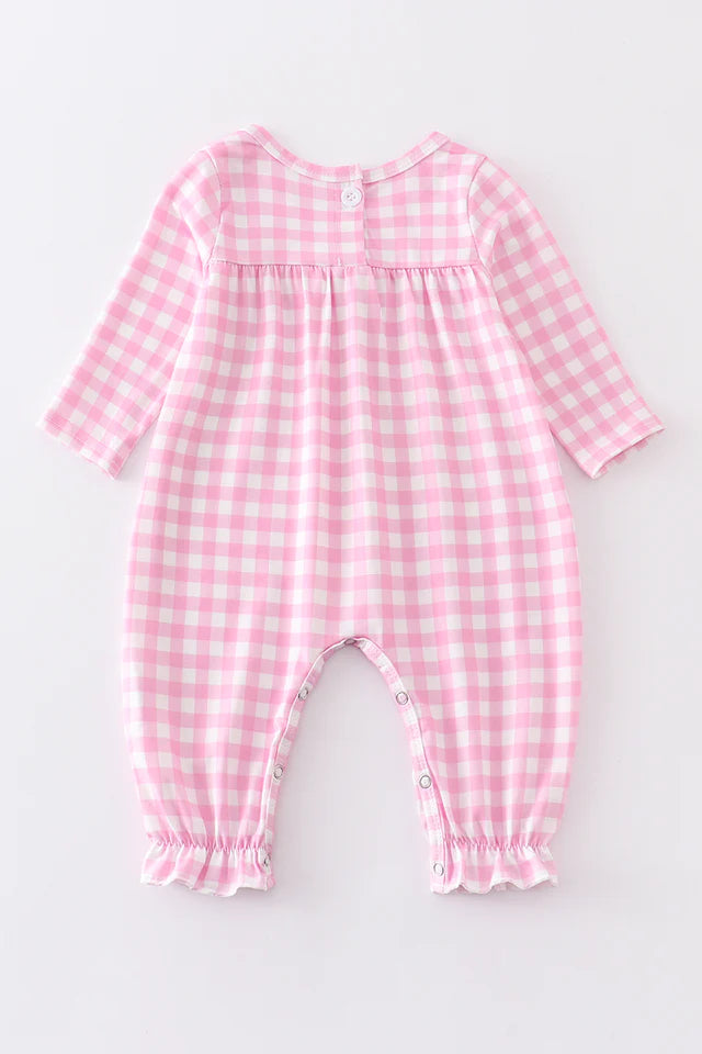 Pink Valentines Day Plaid Embroidered Romper