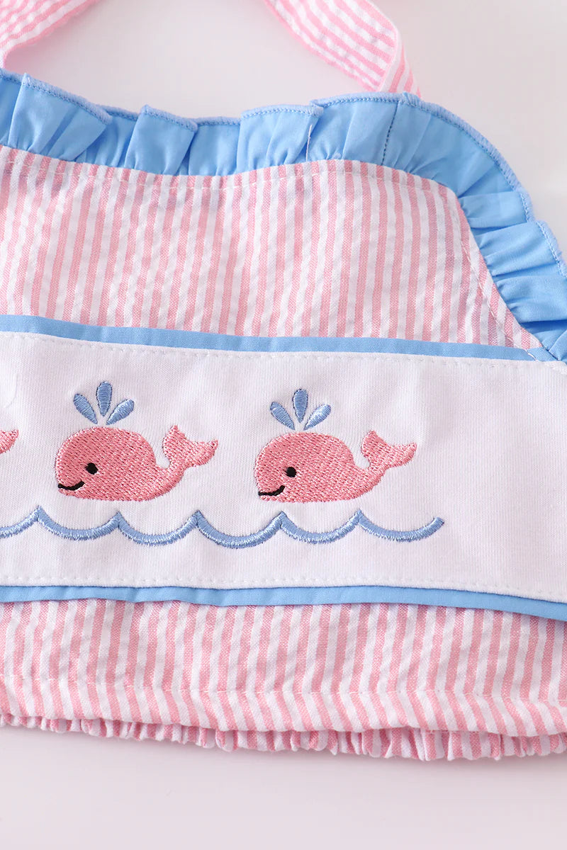 Pink seersucker whale embroidery 2 piece swimsuit