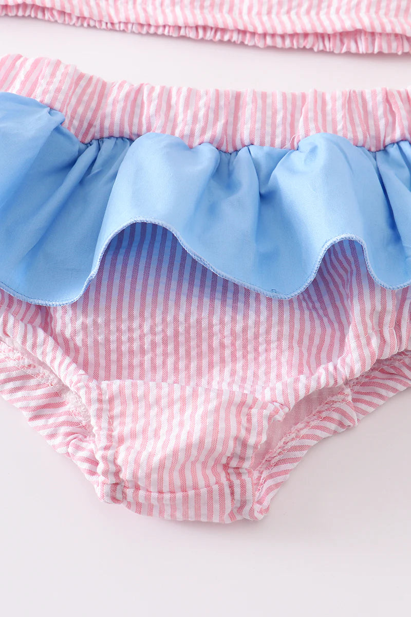 Pink seersucker whale embroidery 2 piece swimsuit