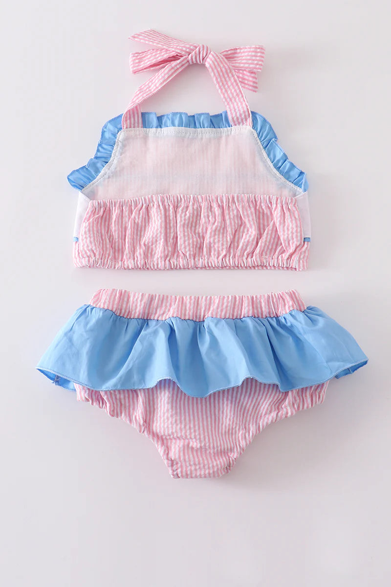 Pink seersucker whale embroidery 2 piece swimsuit