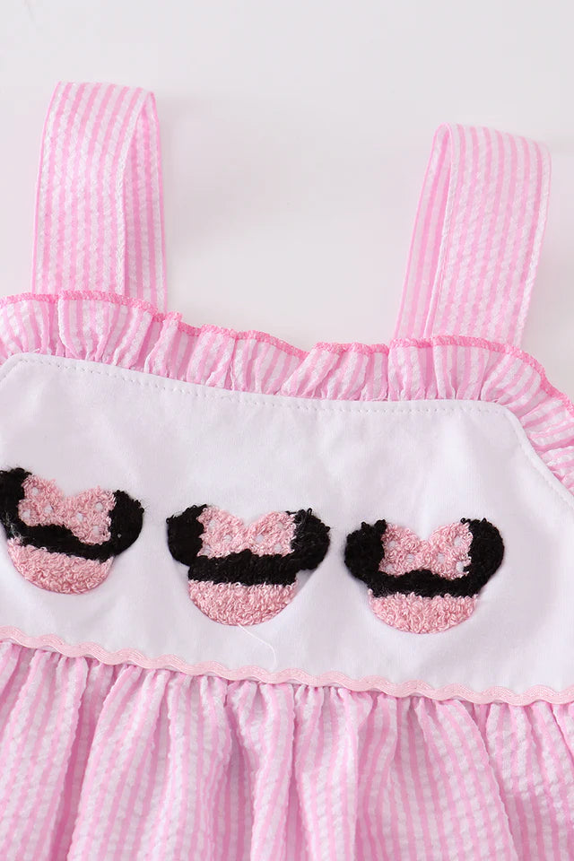 Pink Character Seersucker Bubble with French Knot and ruffle