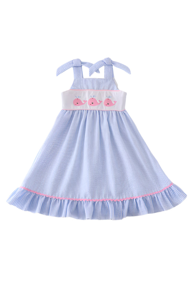 Blue Seersucker whale embroidery dress