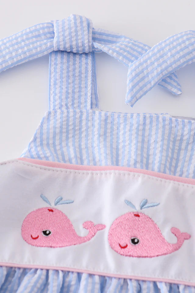 Blue Seersucker whale embroidery dress
