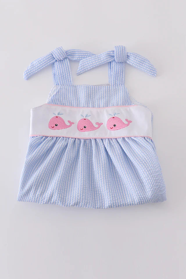 Blue Seersucker whale embroidery dress