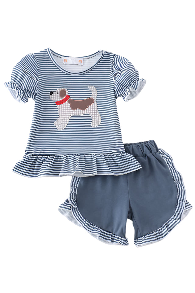 Navy stripe puppy applique girl set