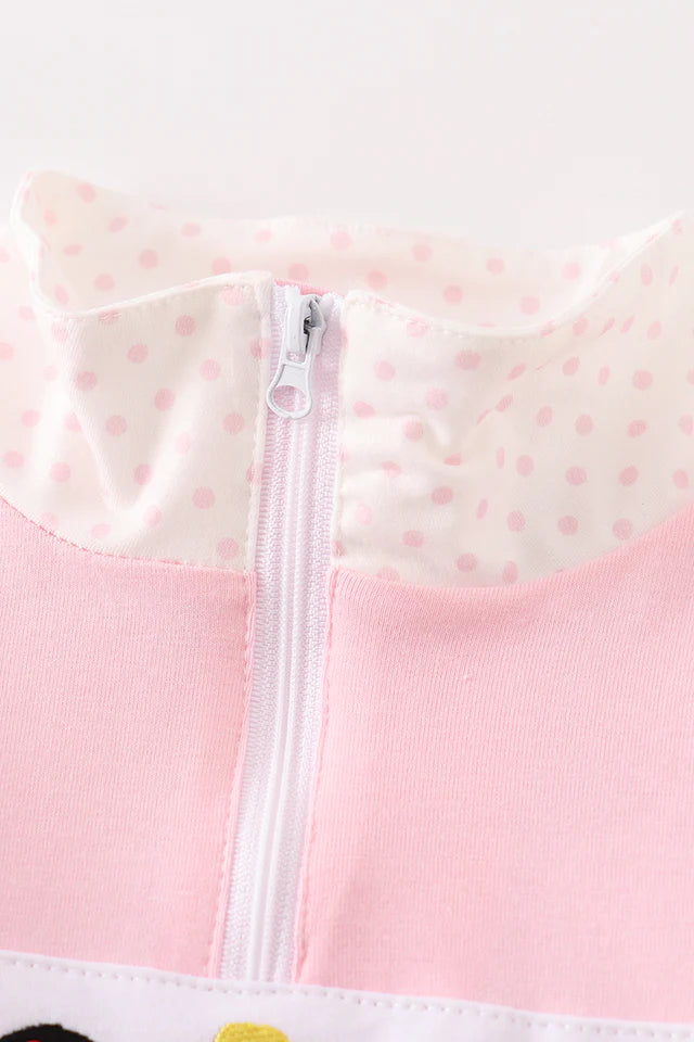 Pink character embroidery girl pullover