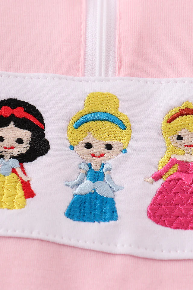 Pink character embroidery girl pullover
