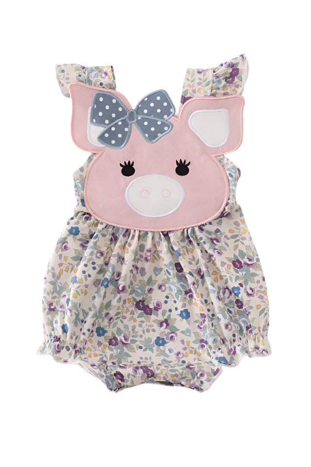Pig floral print applique girl bubble