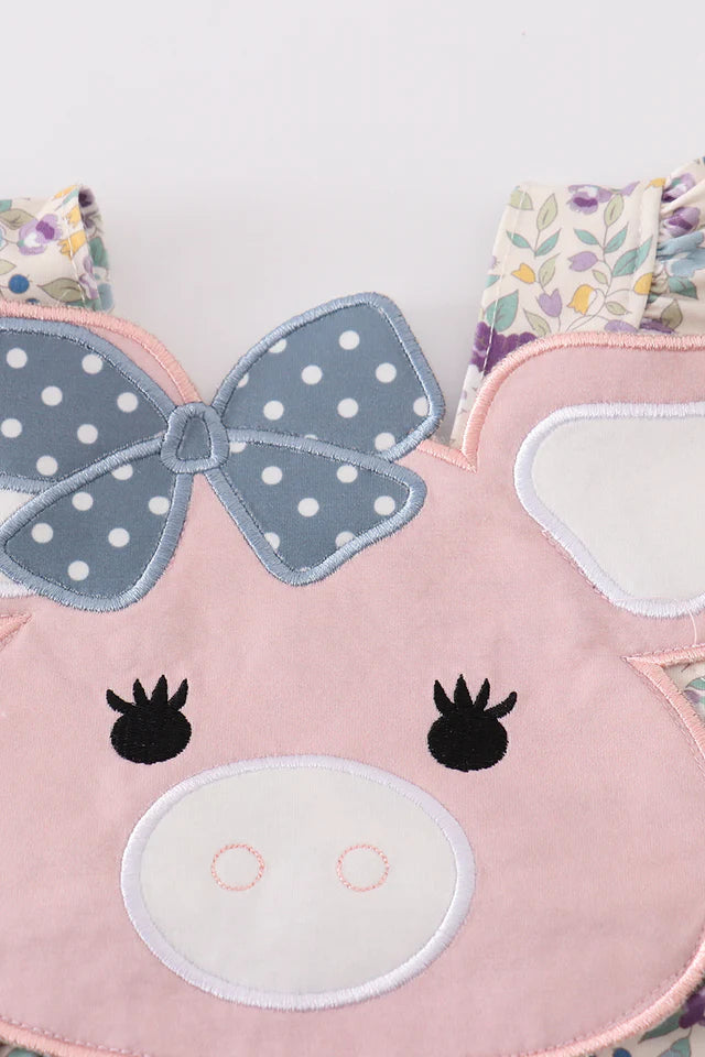 Pig floral print applique girl bubble