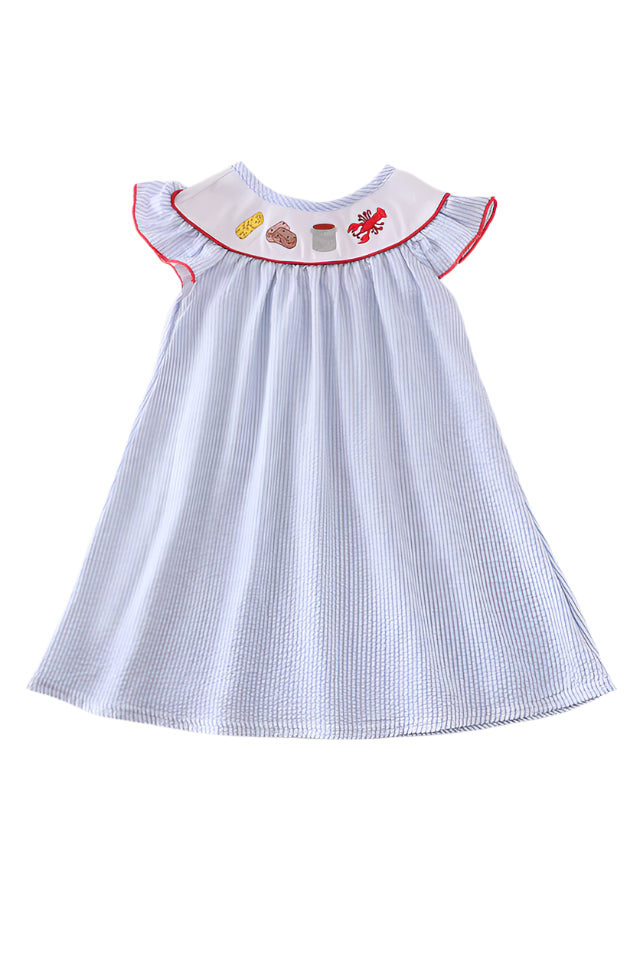 Blue seersucker crawfish embroidery girl dress