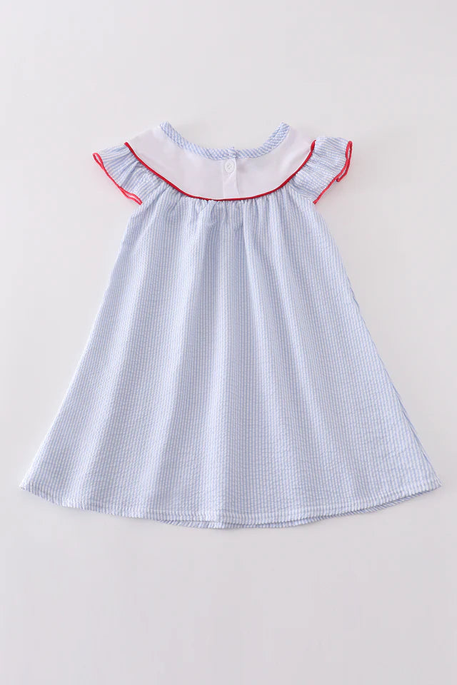 Blue seersucker crawfish embroidery girl dress