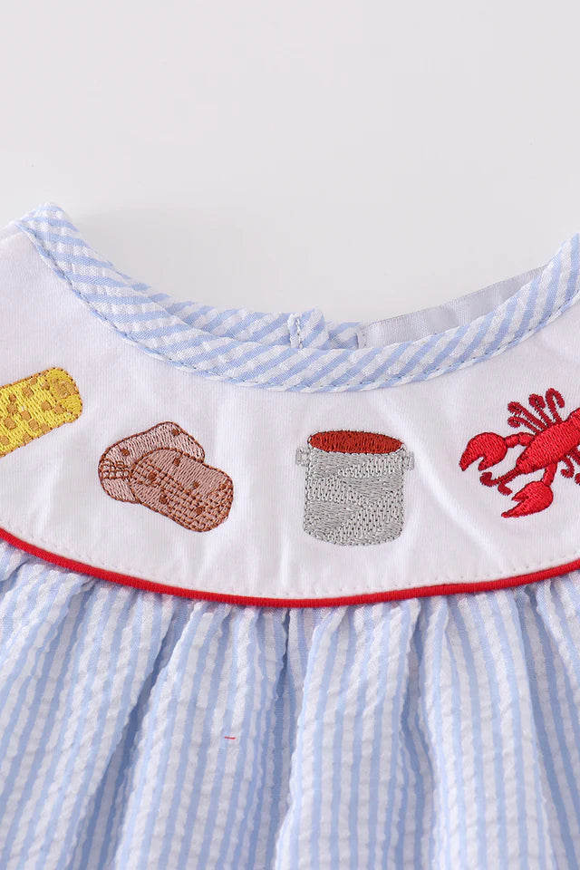 Blue seersucker crawfish embroidery girl bubble