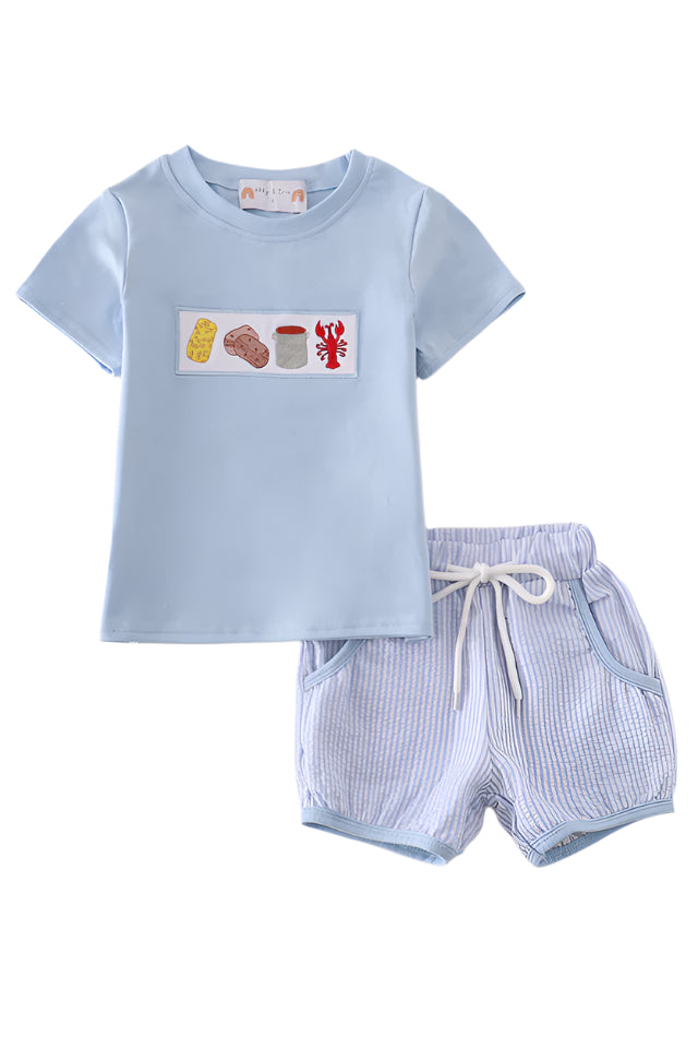 Blue seersucker crayfish embroidery boy set