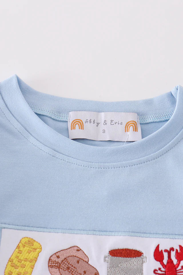 Blue seersucker crayfish embroidery boy set