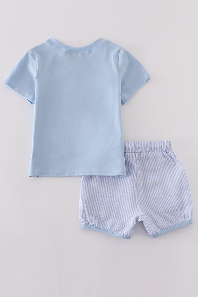 Blue seersucker crayfish embroidery boy set