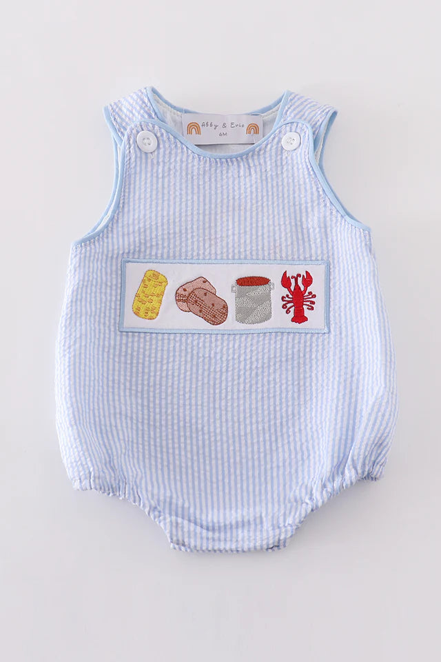 Blue seersucker crayfish embroidery boy bubble