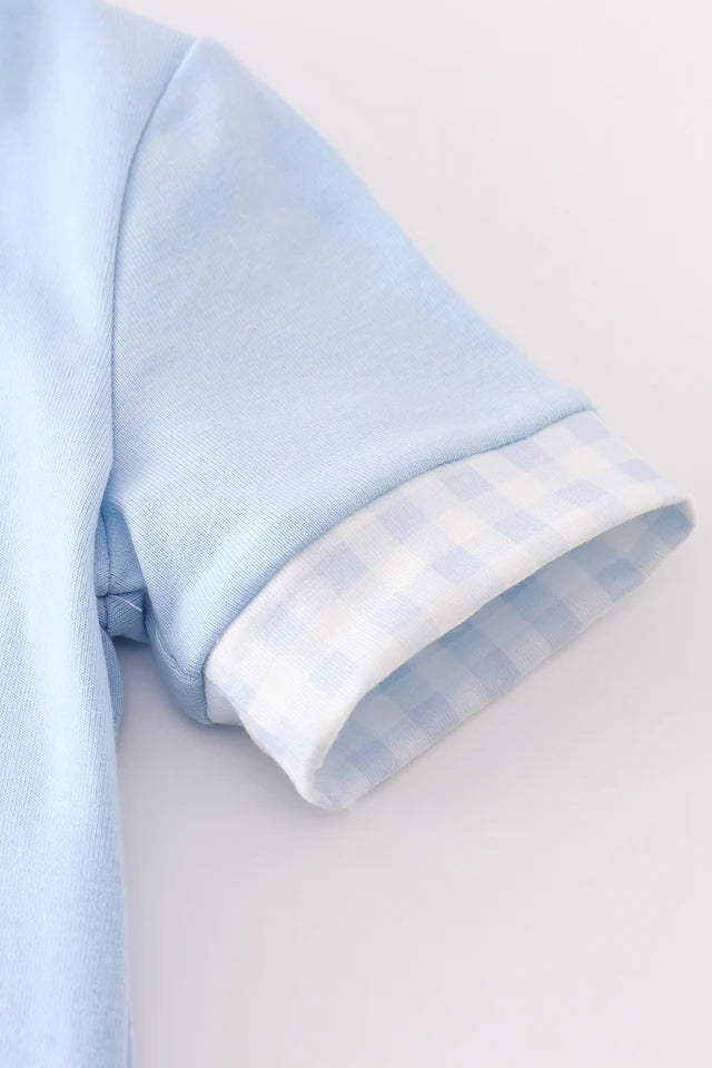 Blue fishing puppy applique boy romper