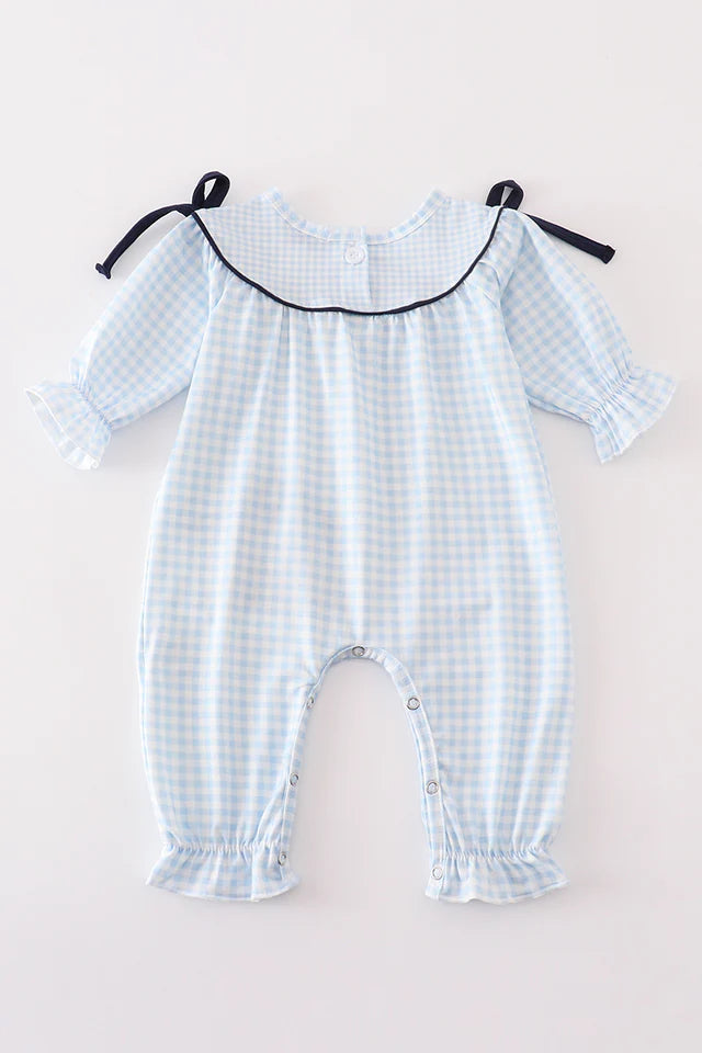 Navy nativity embroidery gingham girl romper