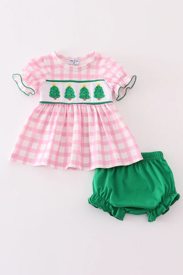 Pink christmas tree french knot baby set