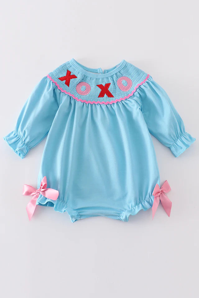 Blue valentine XOXO smocked girl bubble